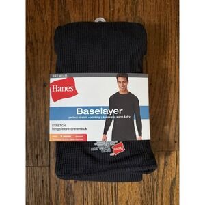 Men's Hanes Black Baselayer Stretch Long Sleeve Crewneck Size Medium NWT